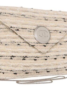 CHANEL Chain Shoulder Bag Tweed White Silver CC Auth 165951SM